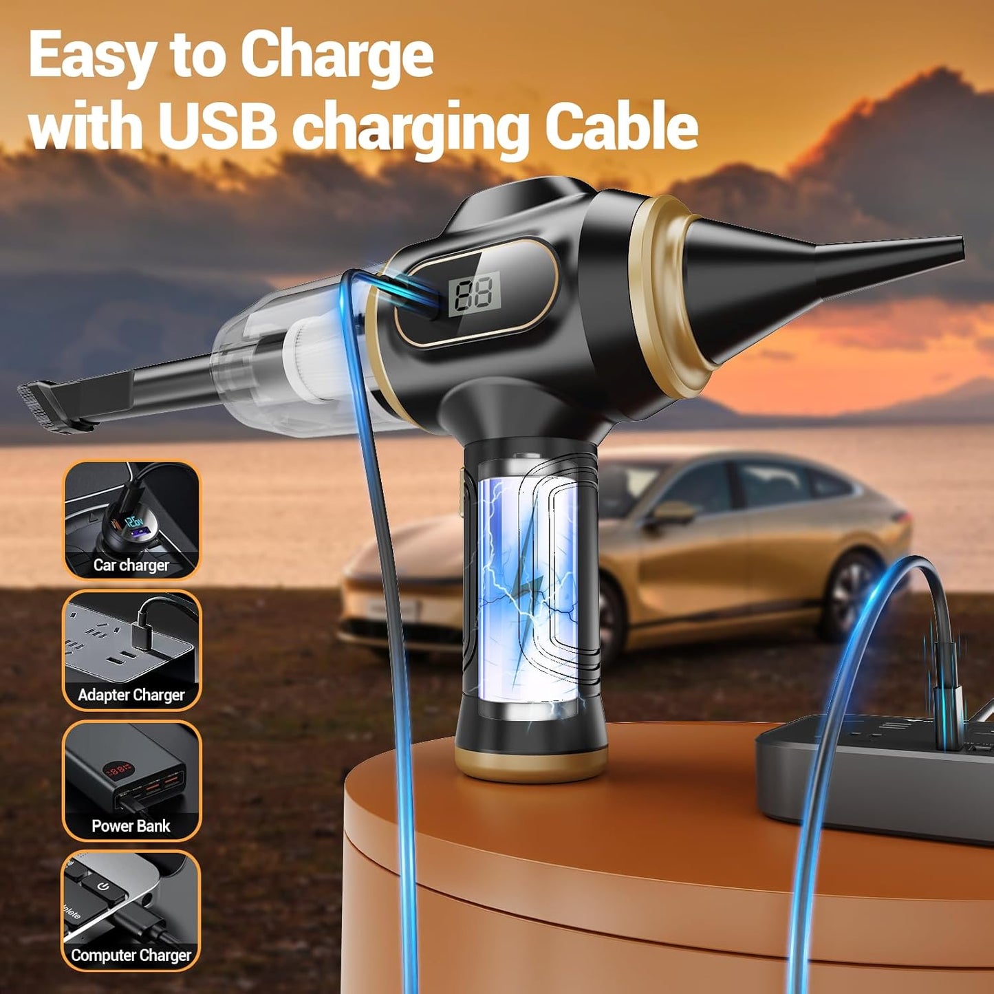 Scstartx Portable Cordless Car Vacuum Cleaner – Rechargeable Mini Handheld Vacuum with LCD Display & Multi-Nozzles, High-Power Cleaning for Car, Home, Office, Sofa, Pet Hair & Keyboard