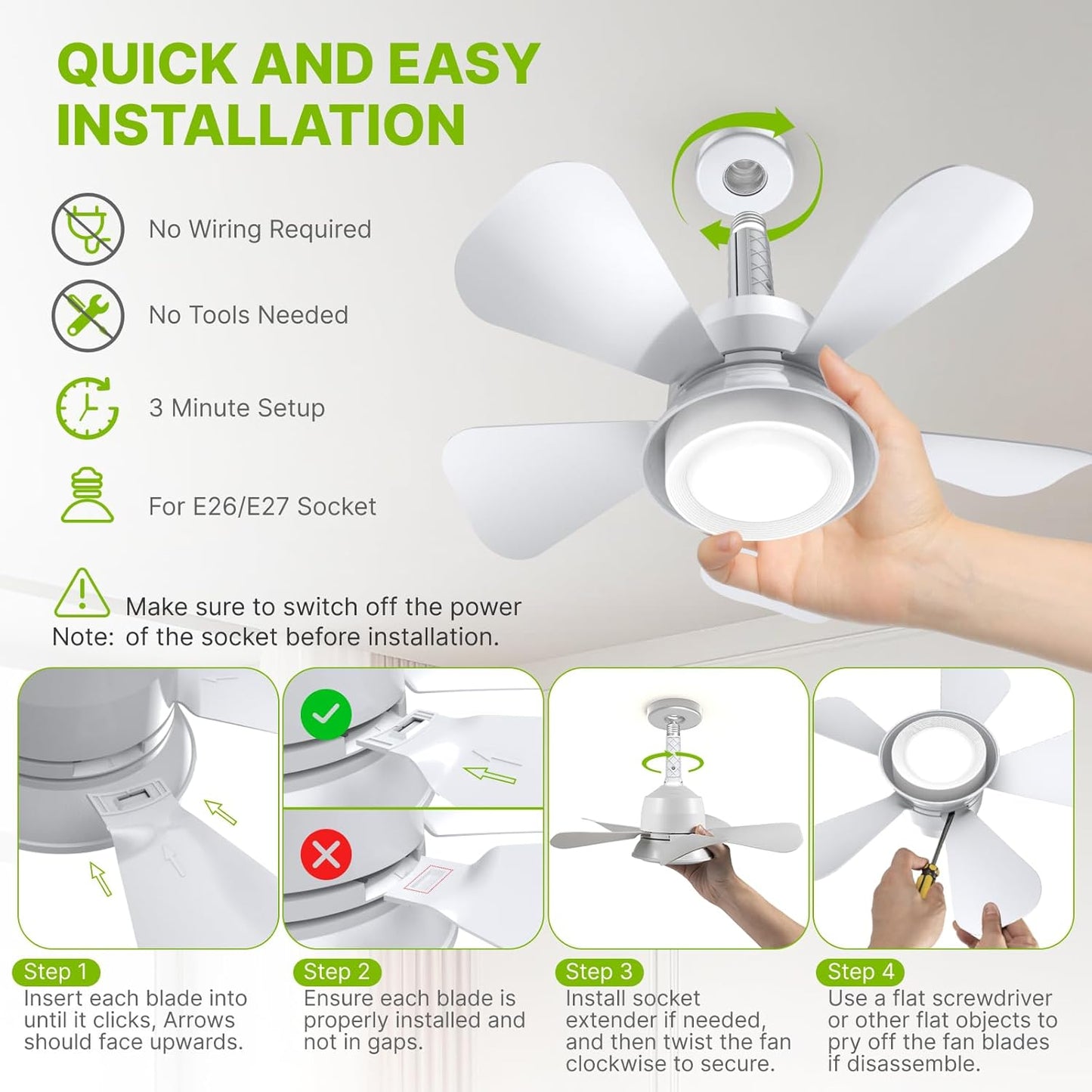 Socket Fan Light – 2-in-1 Ceiling Fan with Integrated Light and Remote Control