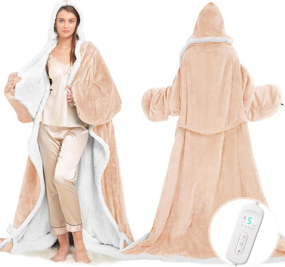 Wearable Heated Blanket with Foot Pocket – Electric Throw Blanket with Sleeves for Warmth & Comfort
