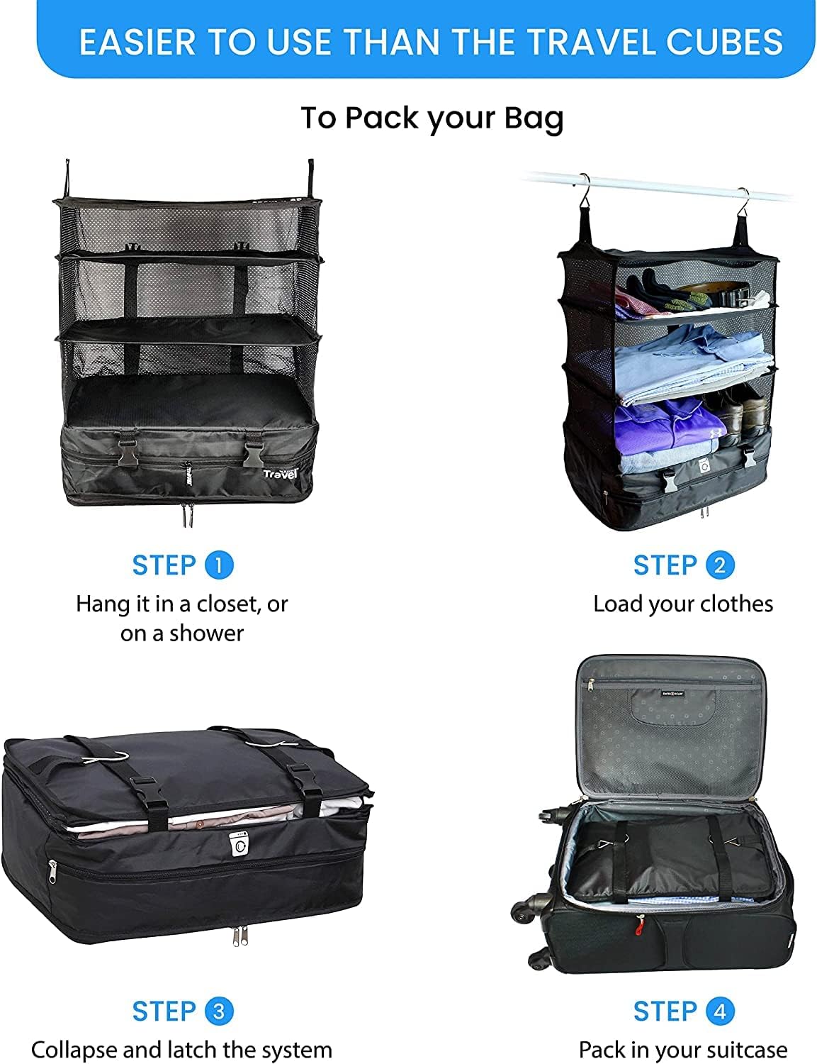 Grand Fusion Stow-N-Go Packing Organizer – Hanging Travel Shelves for Luggage Black - XL