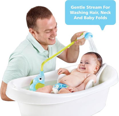 Yookidoo Elephant Baby Bath Shower Head – Fun Water Pump Rinser with Trunk Spout & Dual Flow Control, Safe Bath Toy for Infants & Newborns, Tub & Sink Use (Blue)