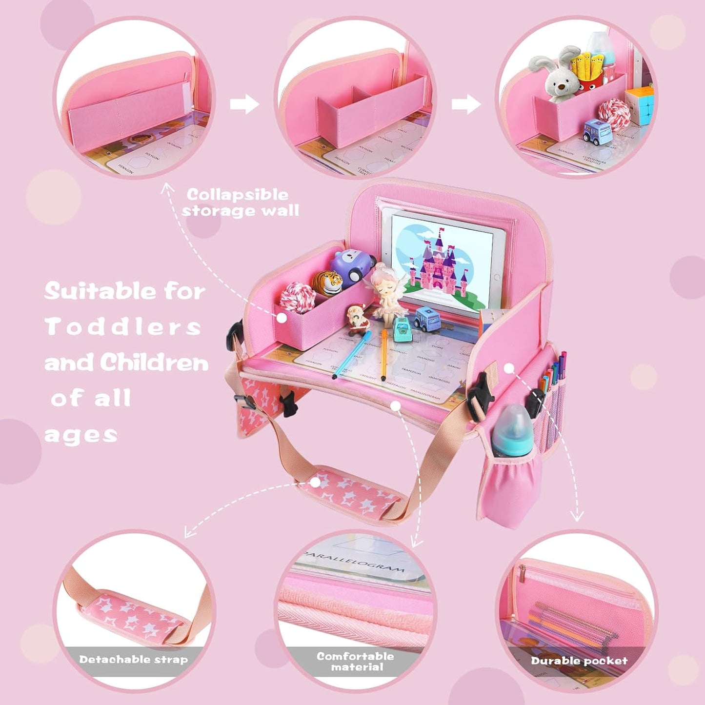 Kids Travel Tray for Car Seat – Road Trip Activity Tray (Pink)