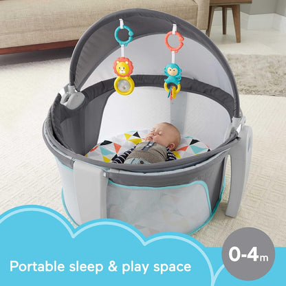 Portable Baby Bassinet Dome – Travel Play Space with Canopy & Developmental Toys (Grey Bubbles)
