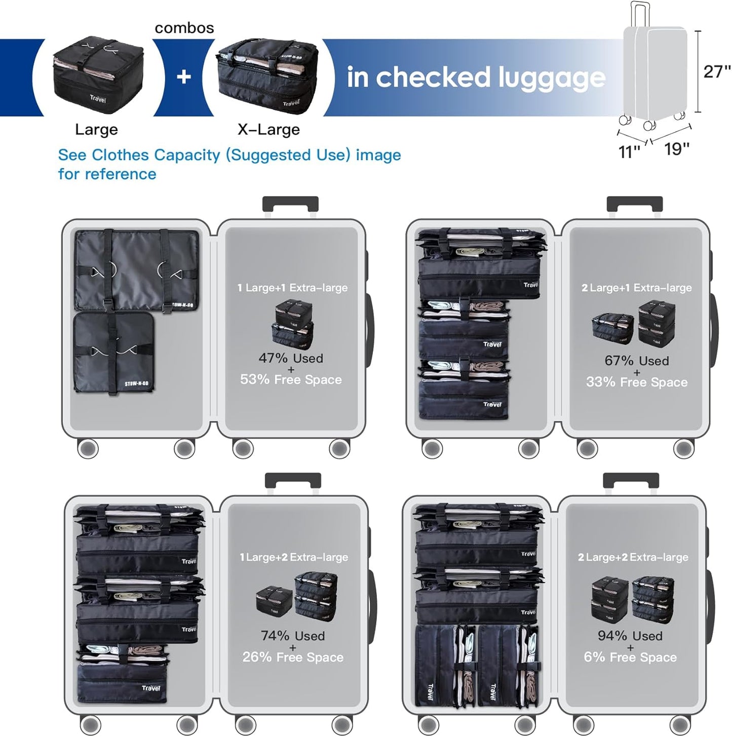 Grand Fusion Stow-N-Go Packing Organizer – Hanging Travel Shelves for Luggage Black - XL