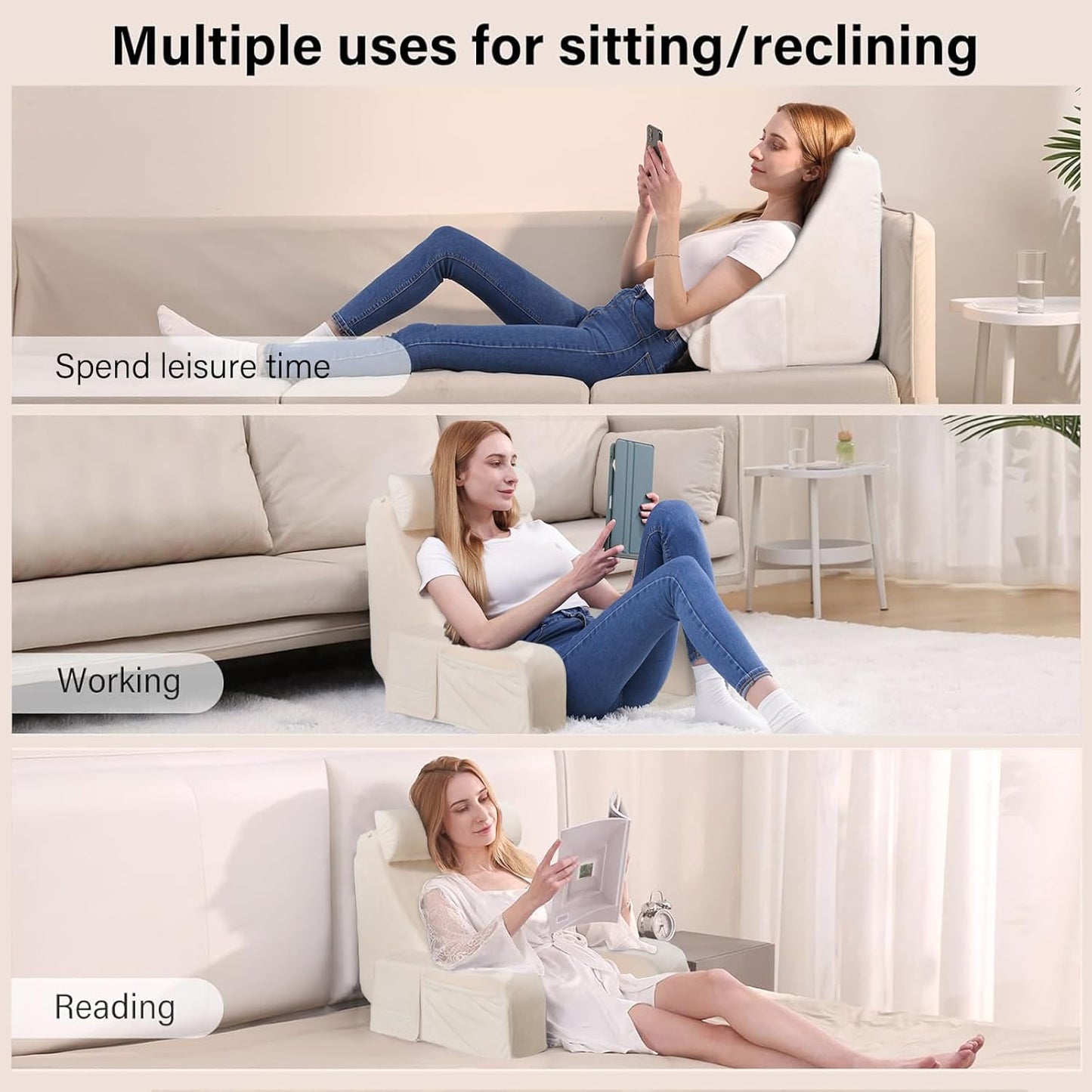 ENITYA 19" Back Pillow with Big Pockets – Removable Washable Cover, Bed & Floor Reading Chair for TV, Gaming, Reading, or Relaxing (Medium, Ivory)