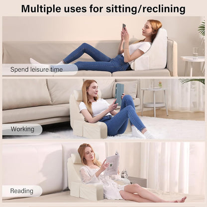 ENITYA 19" Back Pillow with Big Pockets – Removable Washable Cover, Bed & Floor Reading Chair for TV, Gaming, Reading, or Relaxing (Medium, Ivory)