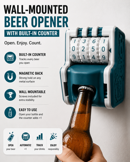 BrewCount Bottle Opener™ – Wall-Mounted Magnetic Bottle Opener with Built-In Beer Counter