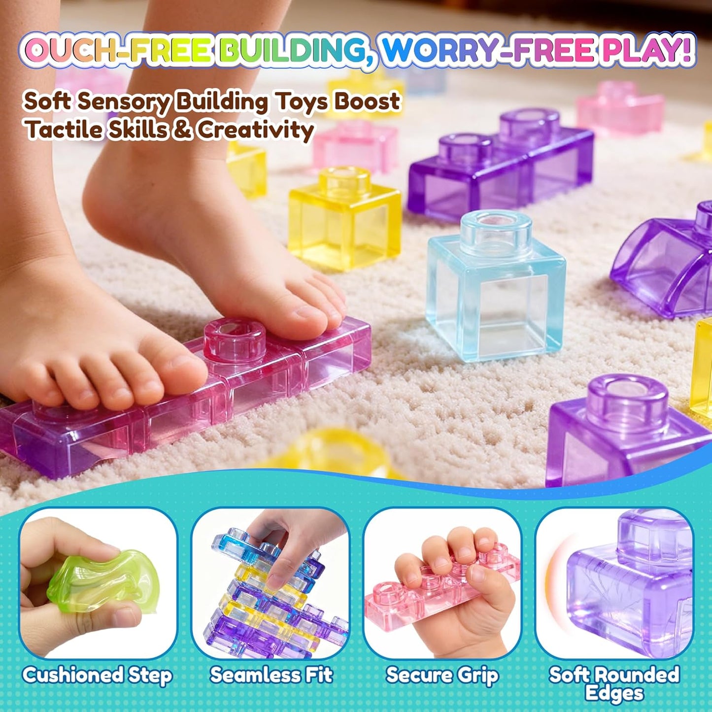 Soft Train Building Blocks with Wheels, 42 PCS Montessori Sensory Stacking Blocks