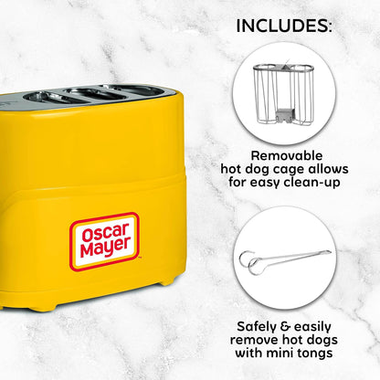 Oscar Mayer 2-Slot Hot Dog & Bun Toaster with Mini Tongs – Works with Hot Dogs, Chicken, Turkey, Veggie Links, Sausages & Brats (Yellow)