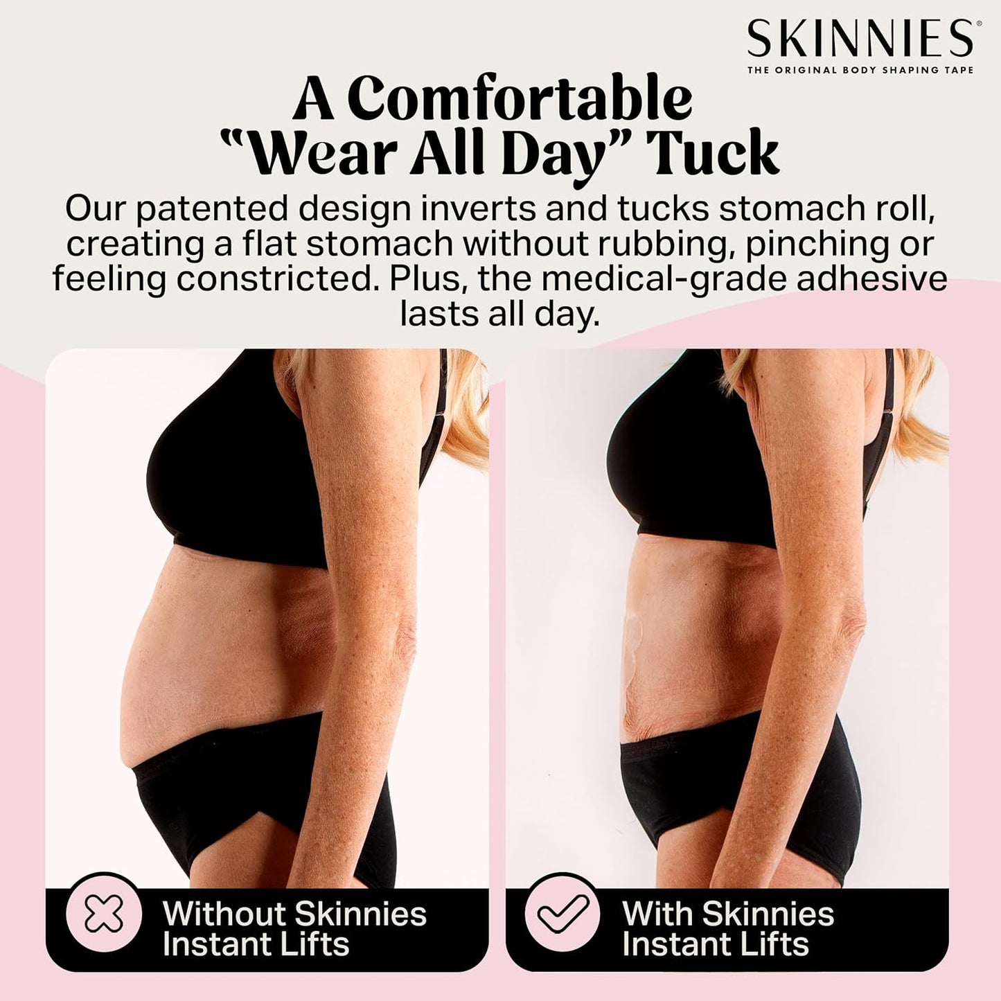 Skinnies Instant Lifts Tummy Tuck Tape – Clear Body Tape for Women, Slim Belly 3–4 Inches Instantly, Patented No-Pinch Adhesive, Sweatproof & All-Day Wear – 5 Pack, Made in USA
