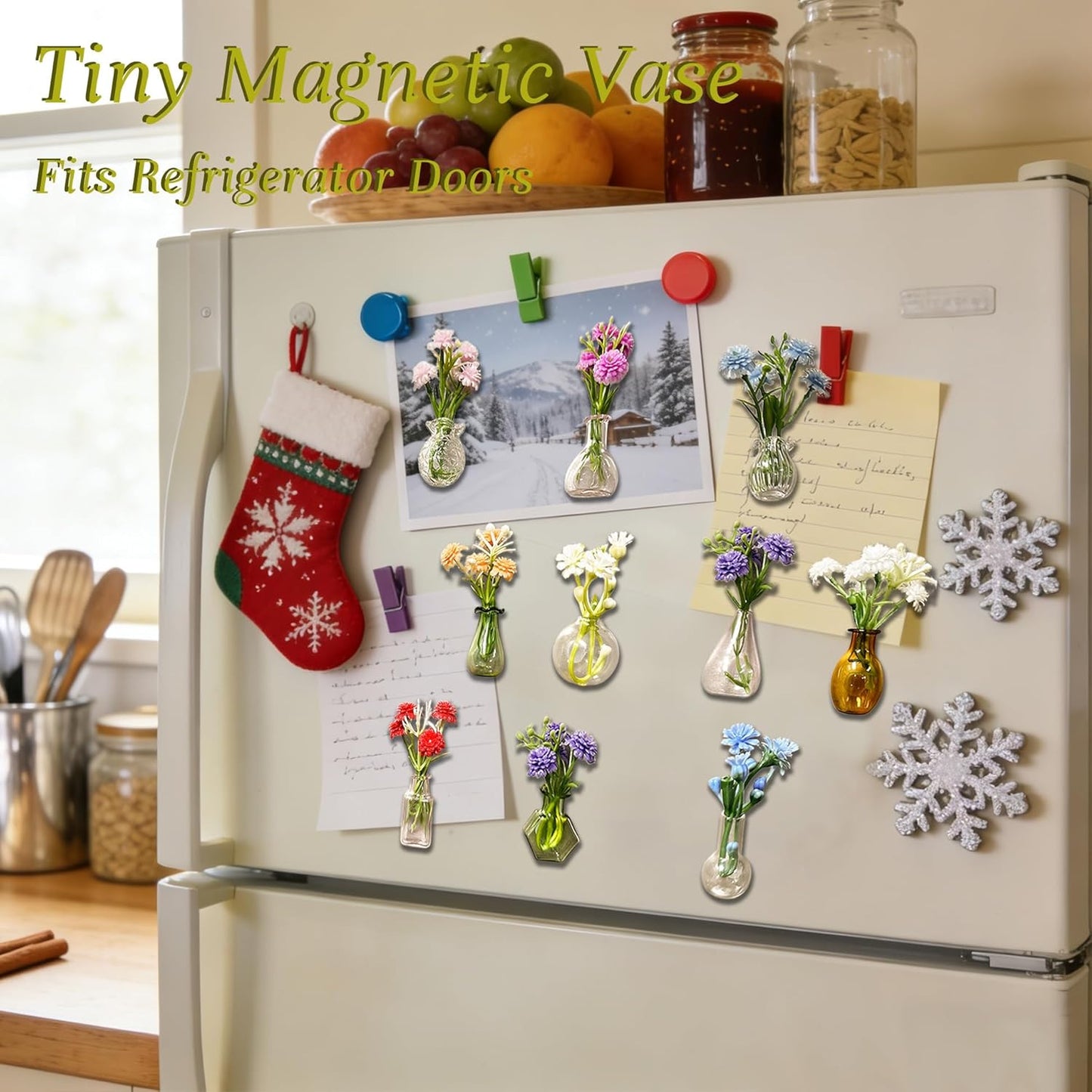 10-Pack Mini Vase Magnets for Fridge with 10 Flowers