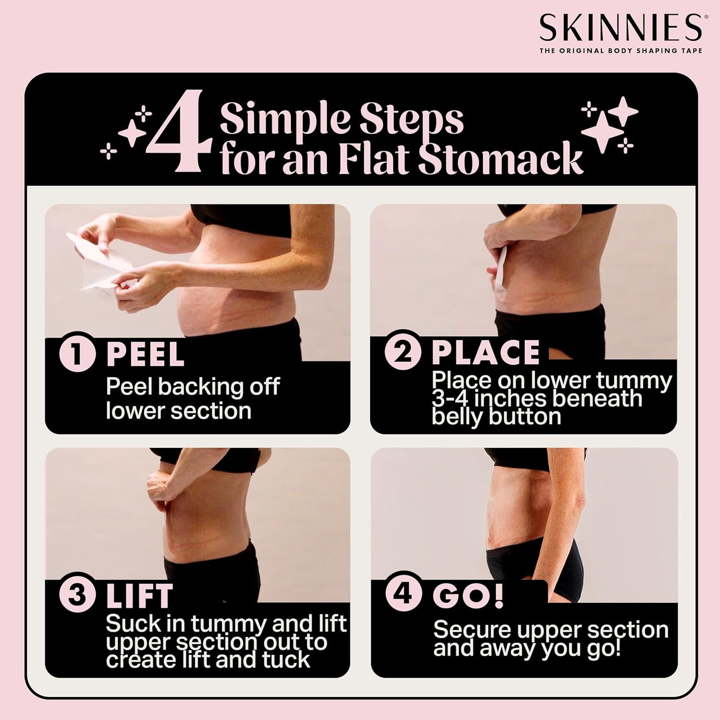 Skinnies Instant Lifts Tummy Tuck Tape – Clear Body Tape for Women, Slim Belly 3–4 Inches Instantly, Patented No-Pinch Adhesive, Sweatproof & All-Day Wear – 5 Pack, Made in USA