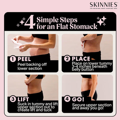 Skinnies Instant Lifts Tummy Tuck Tape – Clear Body Tape for Women, Slim Belly 3–4 Inches Instantly, Patented No-Pinch Adhesive, Sweatproof & All-Day Wear – 5 Pack, Made in USA