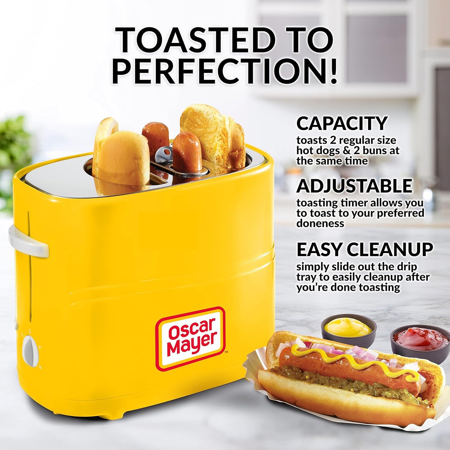Oscar Mayer 2-Slot Hot Dog & Bun Toaster with Mini Tongs – Works with Hot Dogs, Chicken, Turkey, Veggie Links, Sausages & Brats (Yellow)