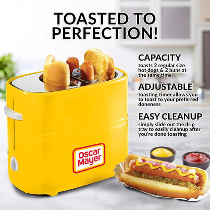 Oscar Mayer 2-Slot Hot Dog & Bun Toaster with Mini Tongs – Works with Hot Dogs, Chicken, Turkey, Veggie Links, Sausages & Brats (Yellow)