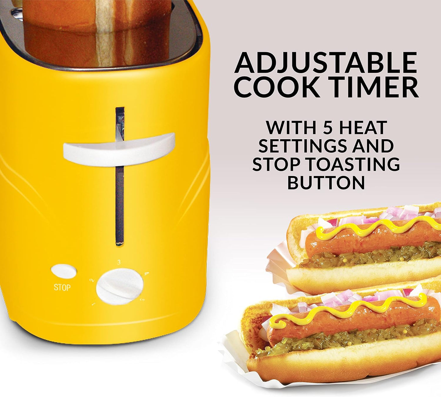 Oscar Mayer 2-Slot Hot Dog & Bun Toaster with Mini Tongs – Works with Hot Dogs, Chicken, Turkey, Veggie Links, Sausages & Brats (Yellow)