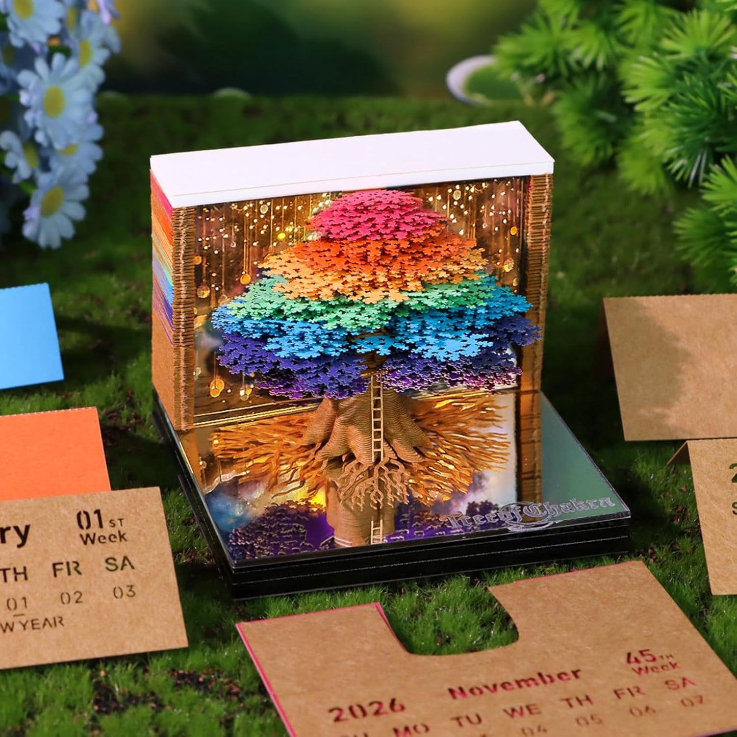 2026 Tree of Life 3D Desk Calendar with LED Light, Tear-Away Paper Art, Memo Pages, Decorative Desktop Gift for Christmas & Housewarming