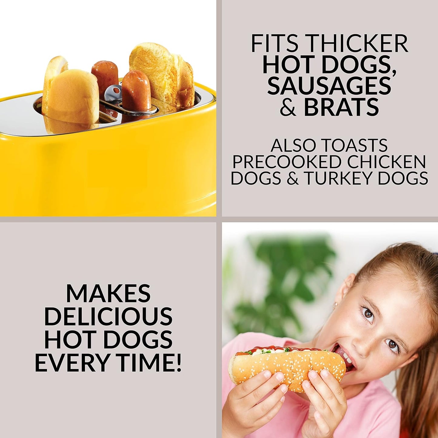 Oscar Mayer 2-Slot Hot Dog & Bun Toaster with Mini Tongs – Works with Hot Dogs, Chicken, Turkey, Veggie Links, Sausages & Brats (Yellow)