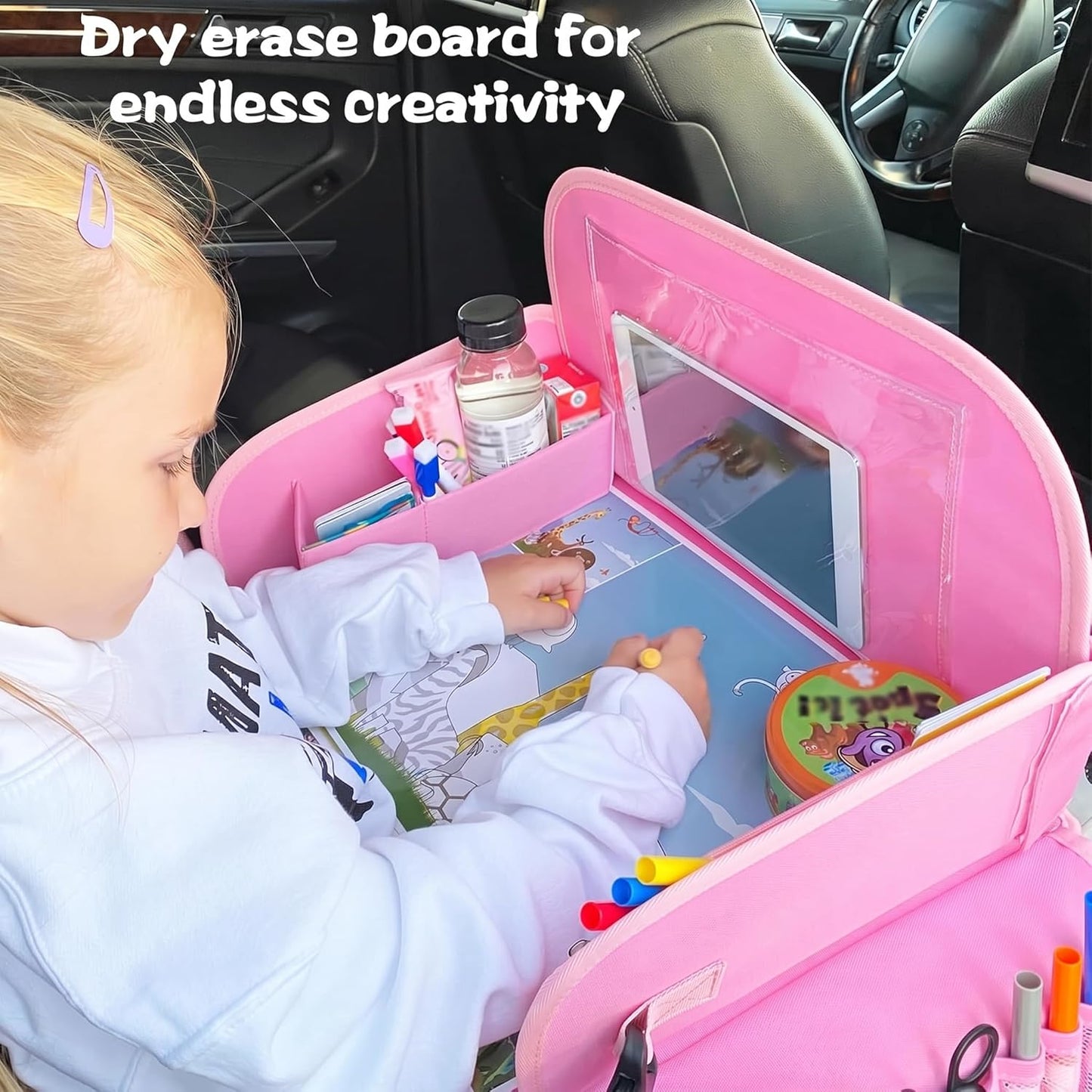 Kids Travel Tray for Car Seat – Road Trip Activity Tray (Pink)