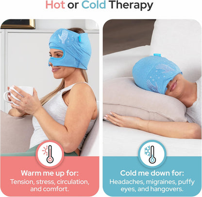 Migraine Relief Cap with Built-In Slide-Up Eye Mask – 360° Compression Hat with Cooling Gel for Headache, Tension, and Stress Relief