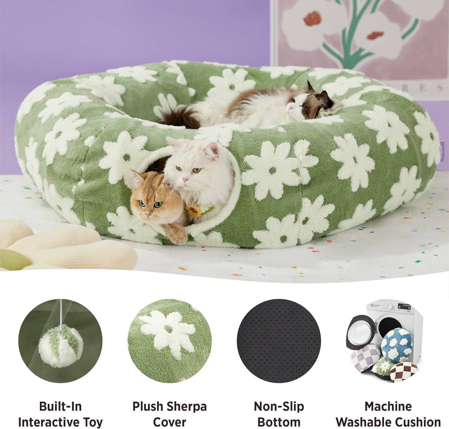 Lesure Large Cat Tunnel Bed – Donut Shaped Peekaboo Cave with Washable Cushion, Indoor Cat Tunnel Toy for Multiple Kittens, Small Dogs & Rabbits, Flower Garden Green