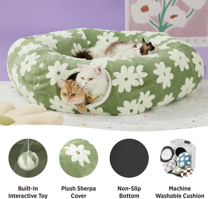 Lesure Large Cat Tunnel Bed – Donut Shaped Peekaboo Cave with Washable Cushion, Indoor Cat Tunnel Toy for Multiple Kittens, Small Dogs & Rabbits, Flower Garden Green