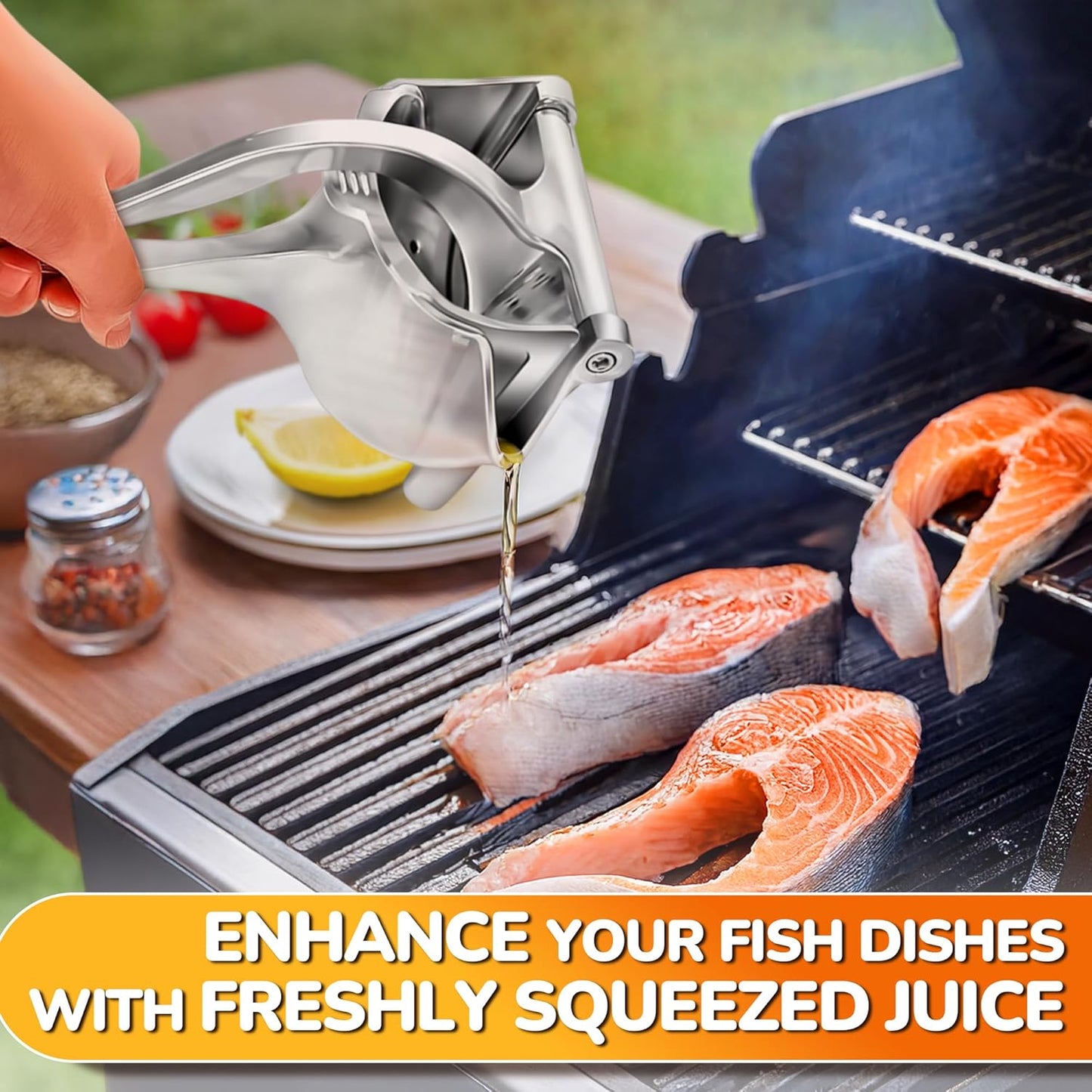 Manual Lemon Squeezer, Handheld Aluminum Alloy Citrus Press with Ergonomic Non-Slip Grip, Easy-Clean Fruit Juice Extractor, 8.7” Length, 0.6L Capacity