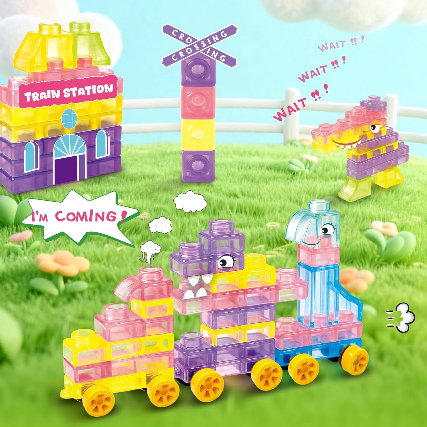 Soft Train Building Blocks with Wheels, 42 PCS Montessori Sensory Stacking Blocks