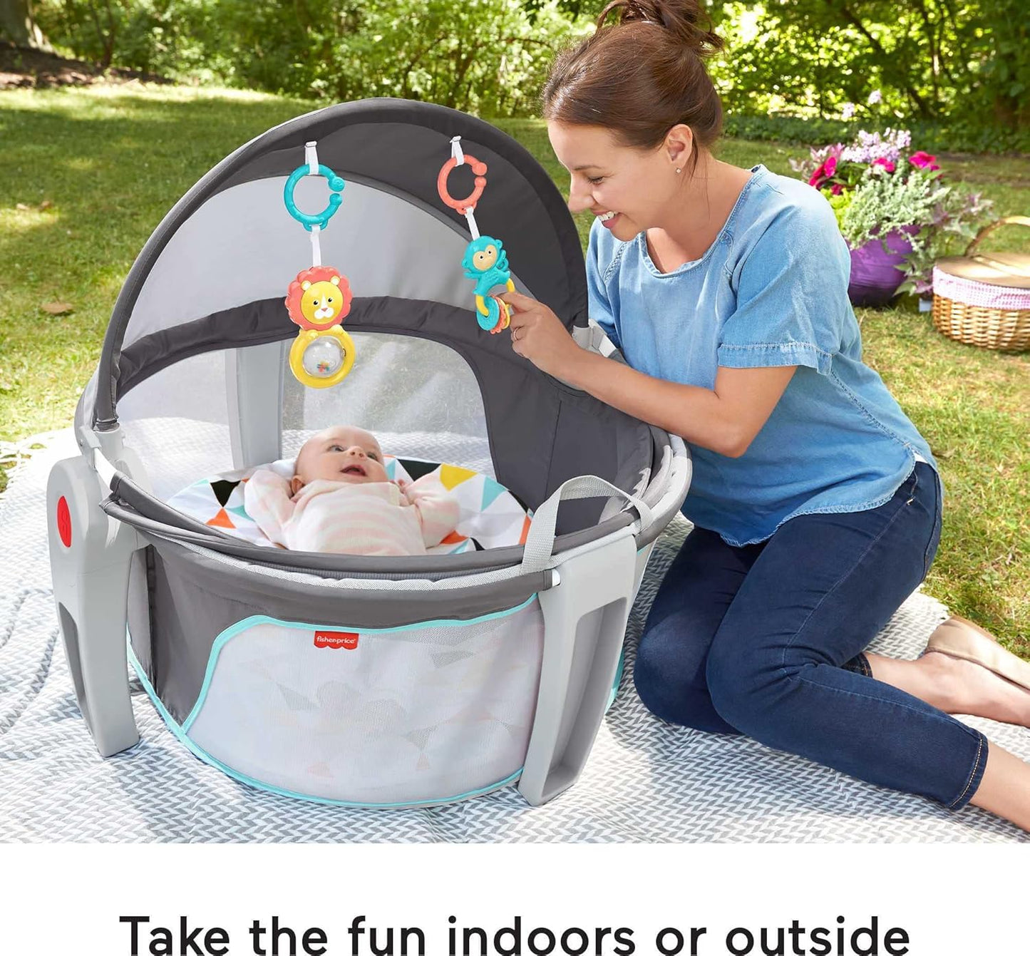 Portable Baby Bassinet Dome – Travel Play Space with Canopy & Developmental Toys (Grey Bubbles)