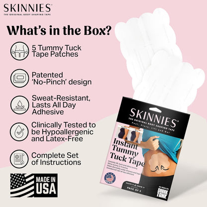 Skinnies Instant Lifts Tummy Tuck Tape – Clear Body Tape for Women, Slim Belly 3–4 Inches Instantly, Patented No-Pinch Adhesive, Sweatproof & All-Day Wear – 5 Pack, Made in USA