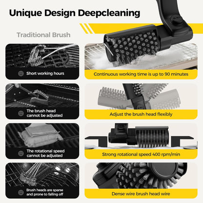 YKYI Electric Rotary Grill Brush for Outdoor Grills, 3-Speed Power Control, Bristle-Free 304 Stainless Steel BBQ Cleaning Brush, 90-Minute Runtime, Safe & Durable (Black)