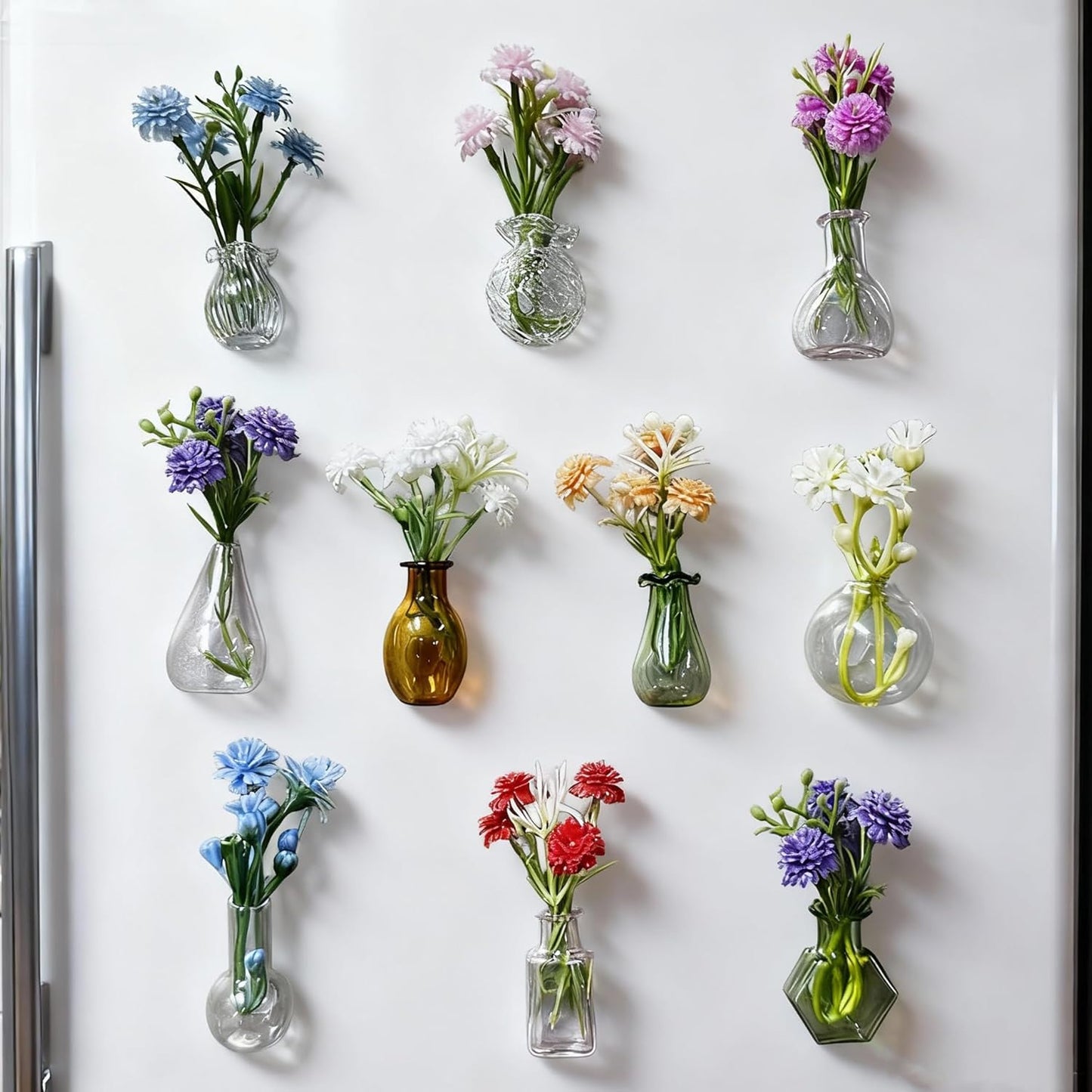 10-Pack Mini Vase Magnets for Fridge with 10 Flowers