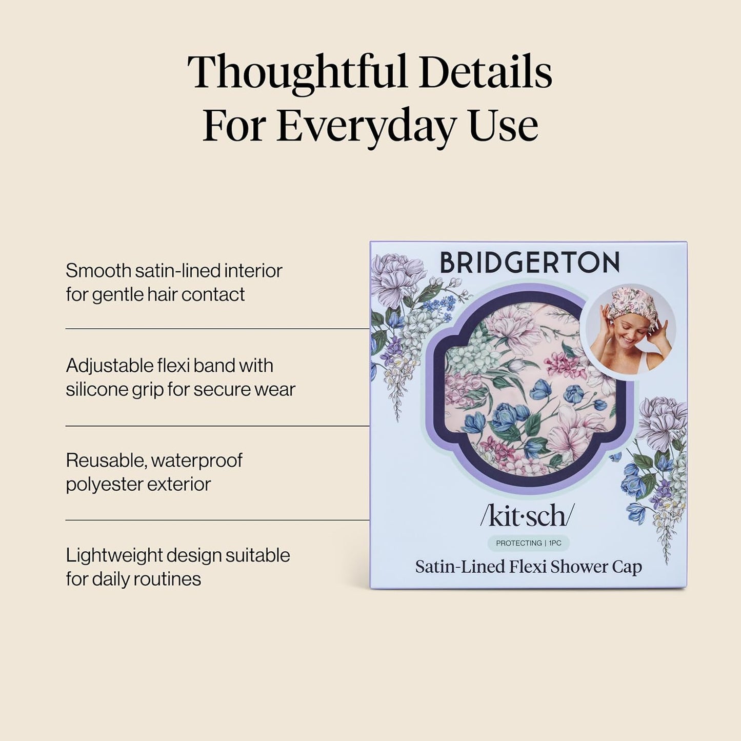Bridgerton x Kitsch Satin-Lined Flexi Shower Caps for Women Reusable Waterproof