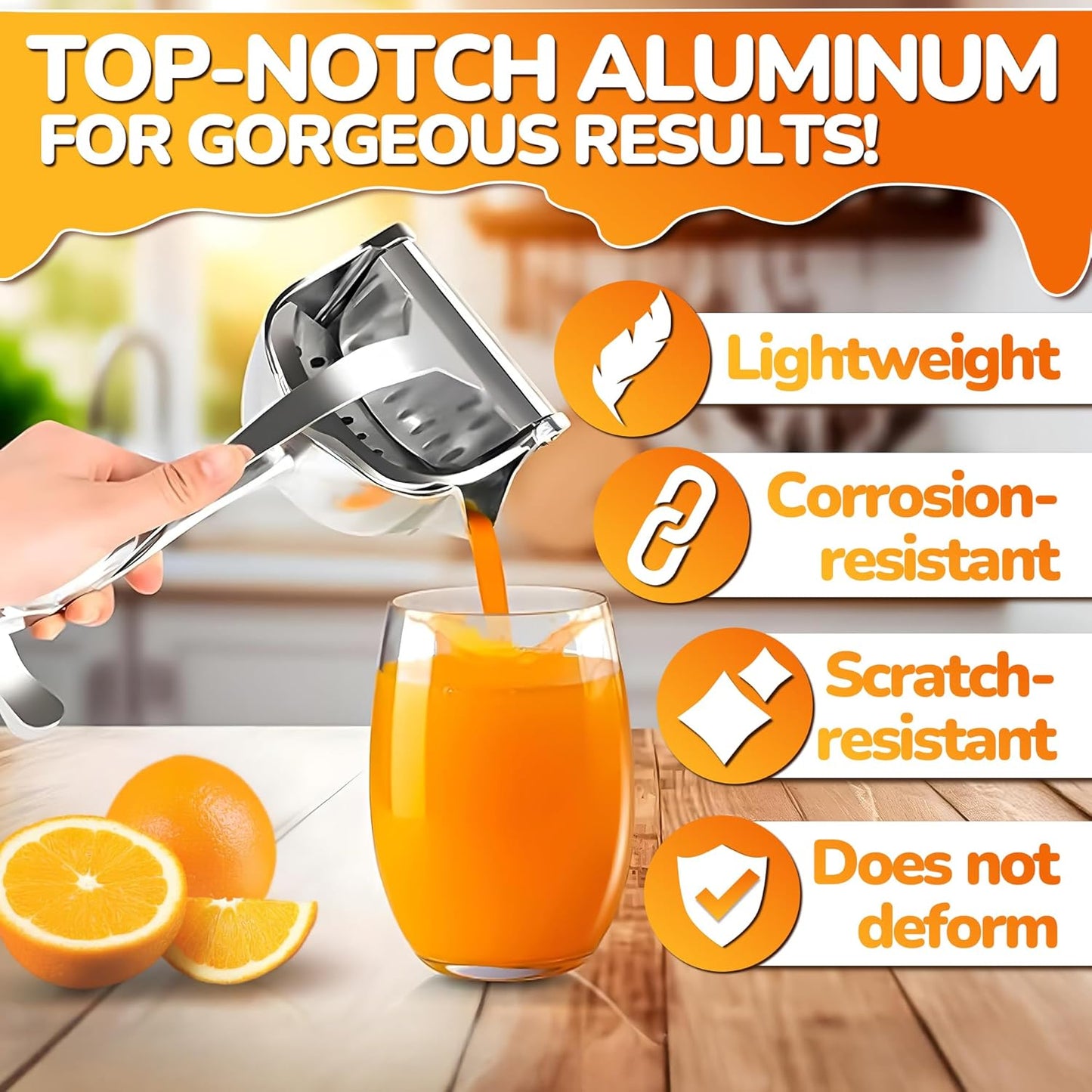 Manual Lemon Squeezer, Handheld Aluminum Alloy Citrus Press with Ergonomic Non-Slip Grip, Easy-Clean Fruit Juice Extractor, 8.7” Length, 0.6L Capacity