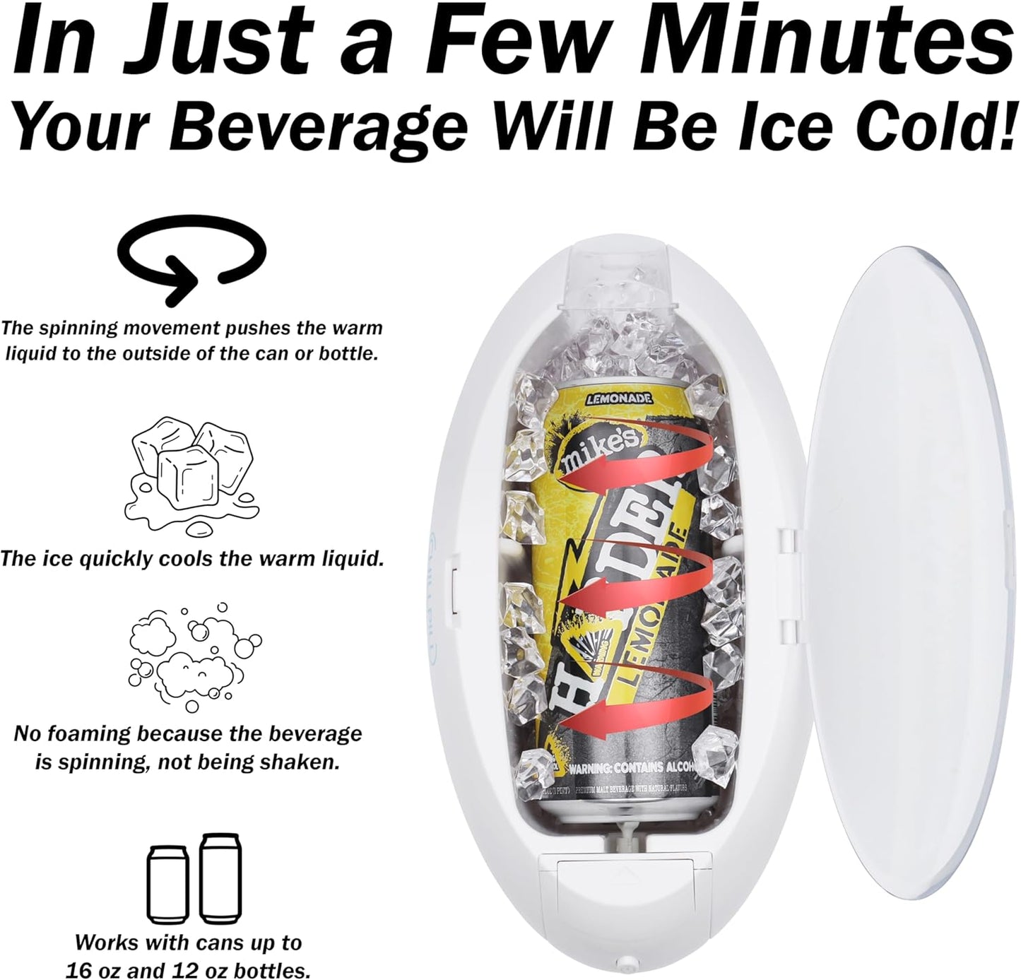 Instant Drink Chiller - Rapid Beverage Chiller for Cans 12 oz or 16 oz & Glass Bottles