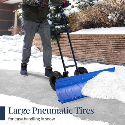 Best Choice Products 36" Heavy-Duty 2-Wheel Snow Pusher with Galvanized Blade – Adjustable Handle & Blade Angle for Easy Snow Removal (Blue)