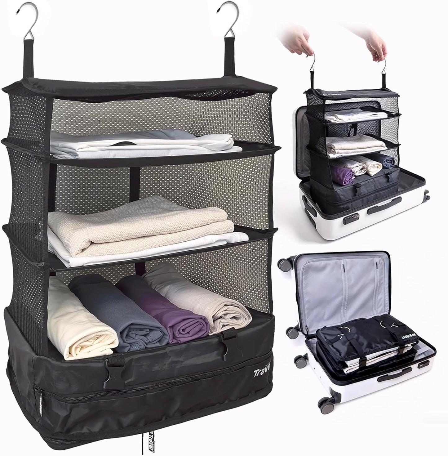 Grand Fusion Stow-N-Go Packing Organizer – Hanging Travel Shelves for Luggage Black - XL