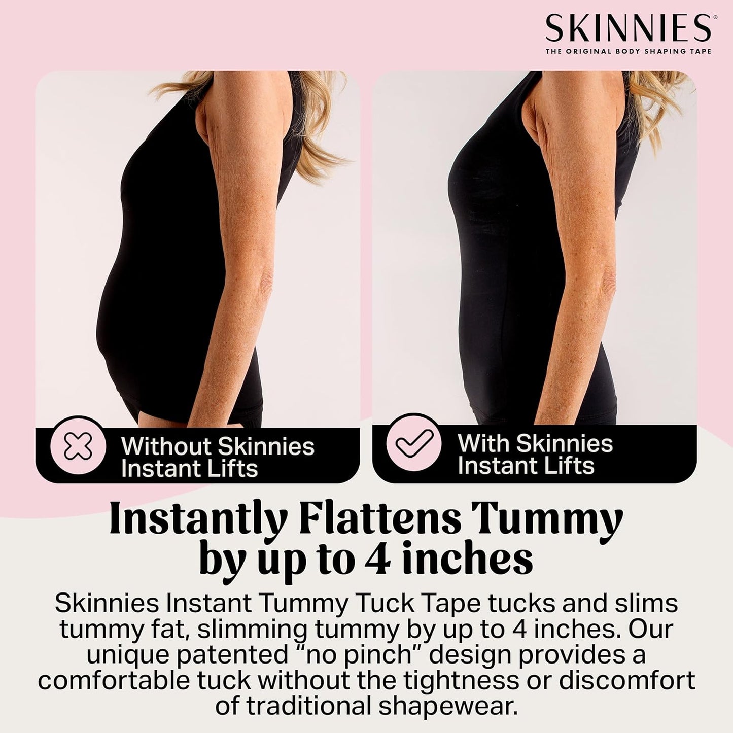 Skinnies Instant Lifts Tummy Tuck Tape – Clear Body Tape for Women, Slim Belly 3–4 Inches Instantly, Patented No-Pinch Adhesive, Sweatproof & All-Day Wear – 5 Pack, Made in USA