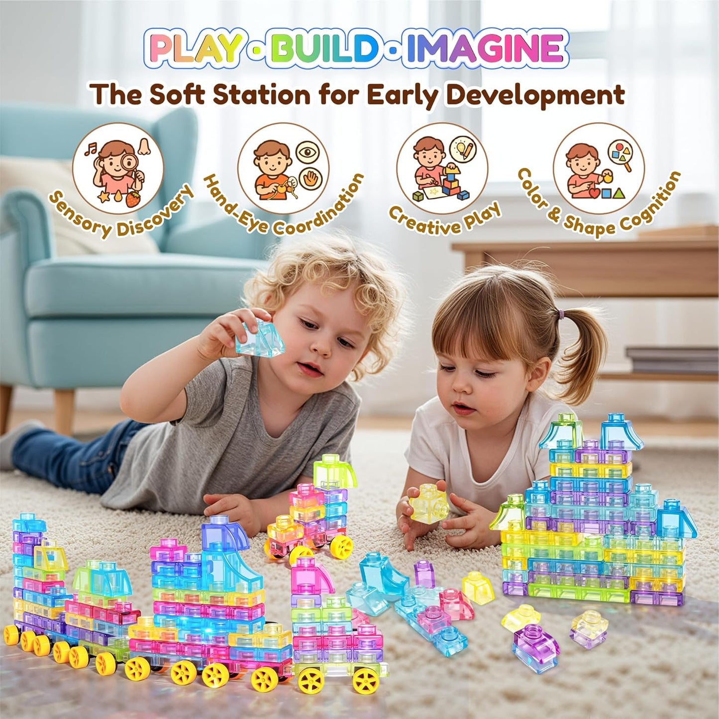 Soft Train Building Blocks with Wheels, 42 PCS Montessori Sensory Stacking Blocks