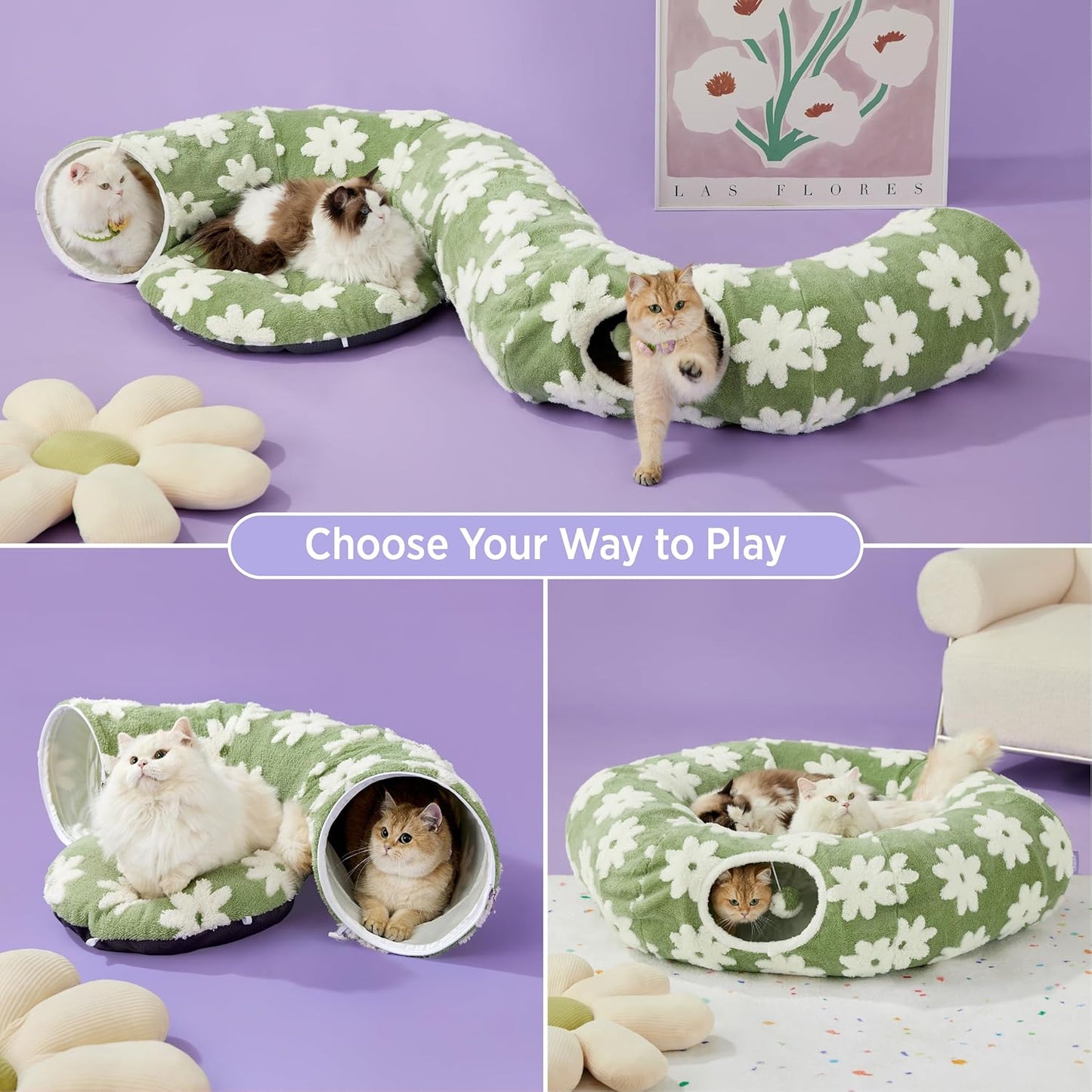 Lesure Large Cat Tunnel Bed – Donut Shaped Peekaboo Cave with Washable Cushion, Indoor Cat Tunnel Toy for Multiple Kittens, Small Dogs & Rabbits, Flower Garden Green