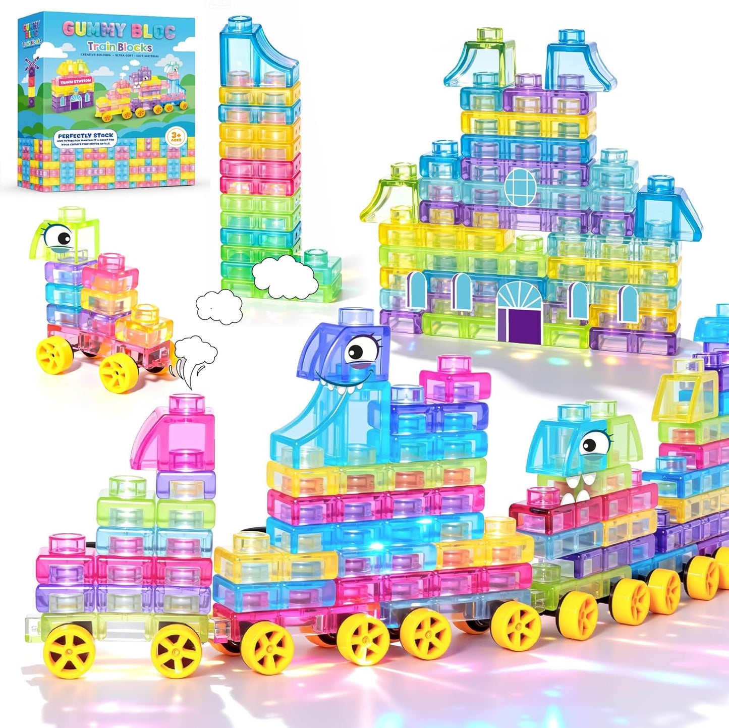 Soft Train Building Blocks with Wheels, 42 PCS Montessori Sensory Stacking Blocks