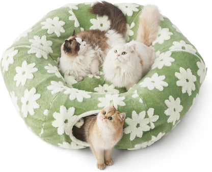 Lesure Large Cat Tunnel Bed – Donut Shaped Peekaboo Cave with Washable Cushion, Indoor Cat Tunnel Toy for Multiple Kittens, Small Dogs & Rabbits, Flower Garden Green