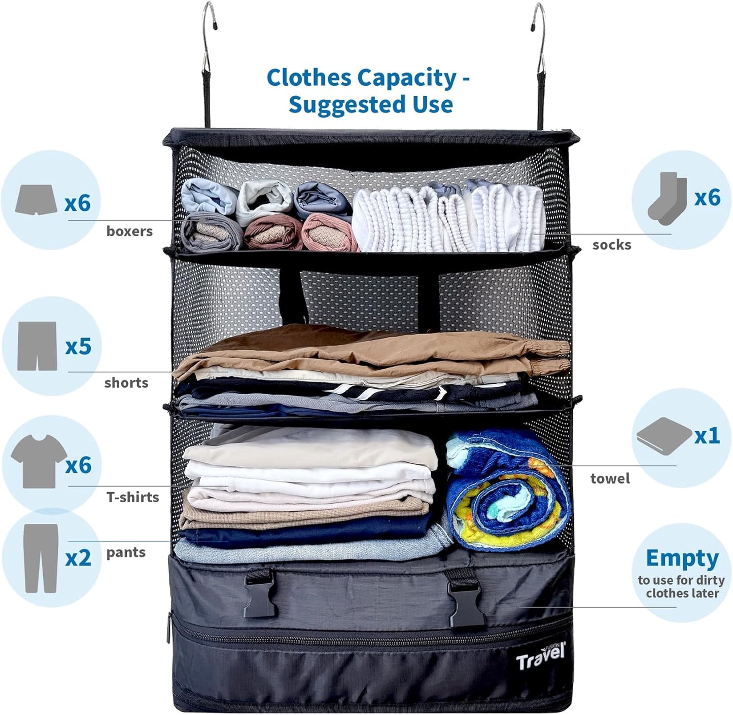 Grand Fusion Stow-N-Go Packing Organizer – Hanging Travel Shelves for Luggage Black - XL