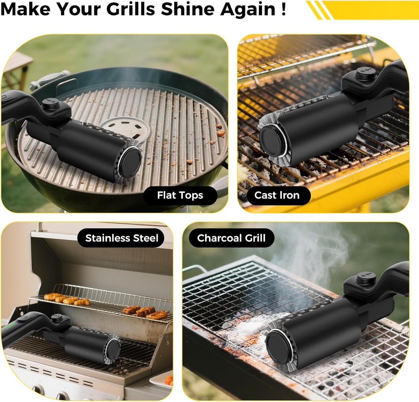 YKYI Electric Rotary Grill Brush for Outdoor Grills, 3-Speed Power Control, Bristle-Free 304 Stainless Steel BBQ Cleaning Brush, 90-Minute Runtime, Safe & Durable (Black)