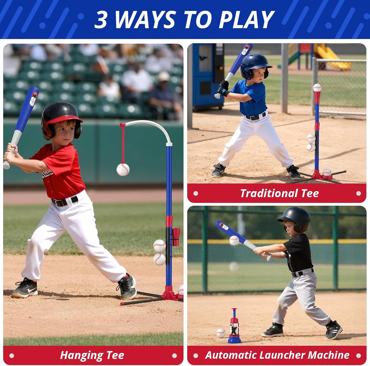 HYES 3-in-1 Kids Baseball Training Set – Auto Pitching Machine, Tee Ball & Hanging Practice Kit