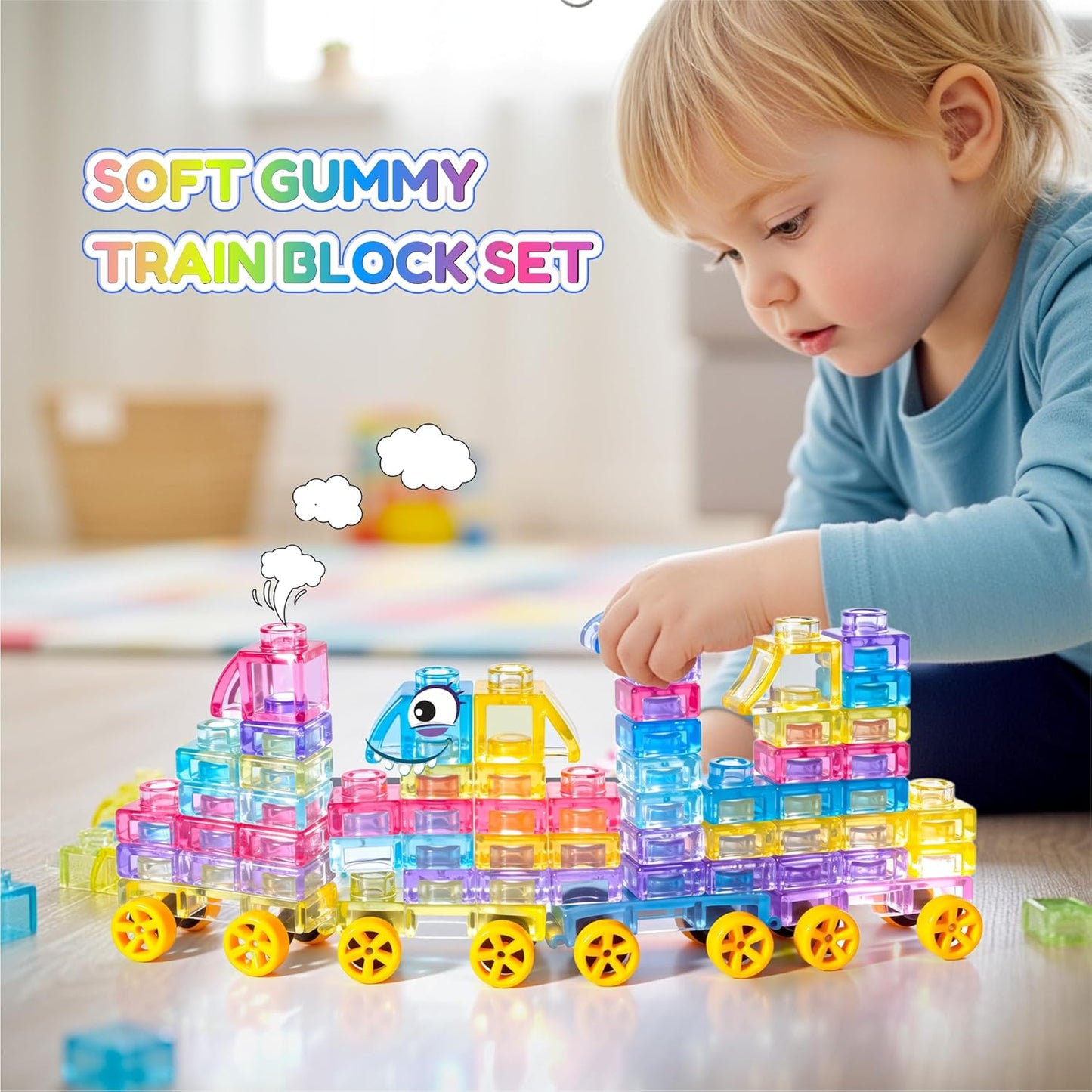 Soft Train Building Blocks with Wheels, 42 PCS Montessori Sensory Stacking Blocks