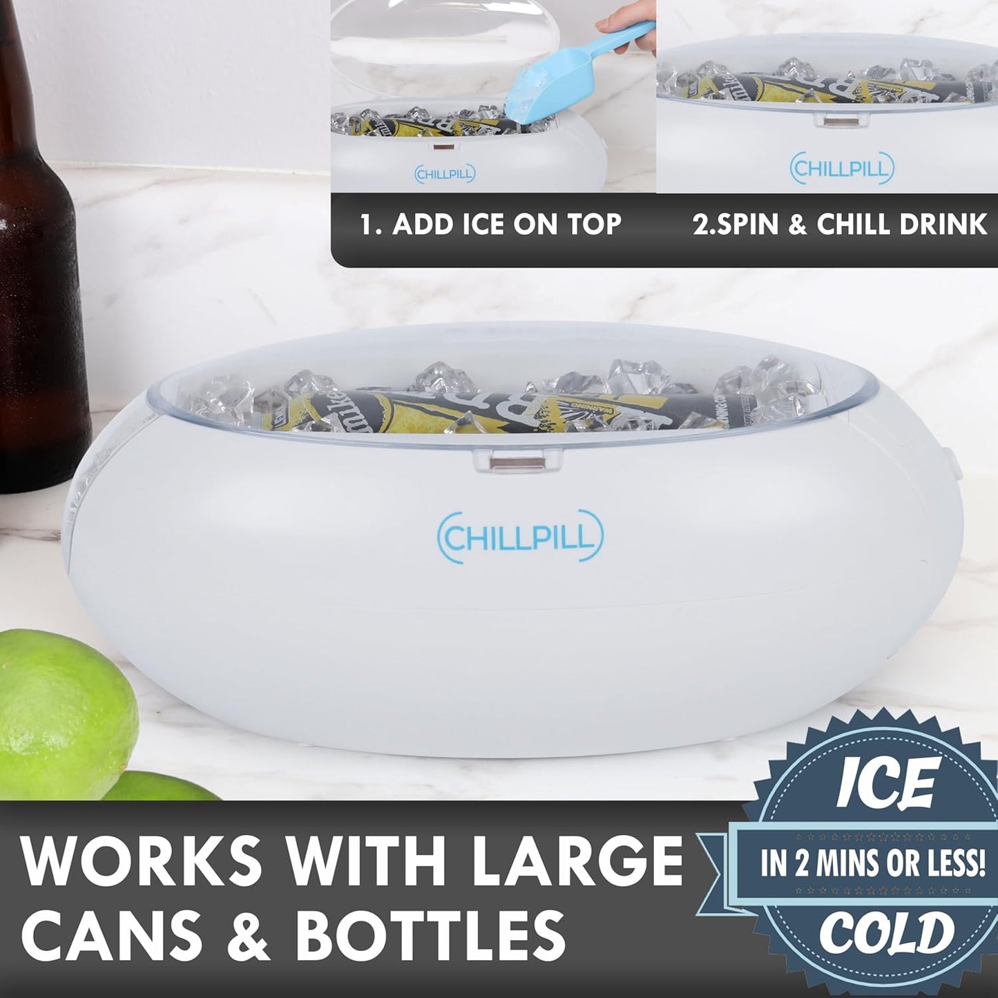 Instant Drink Chiller - Rapid Beverage Chiller for Cans 12 oz or 16 oz & Glass Bottles
