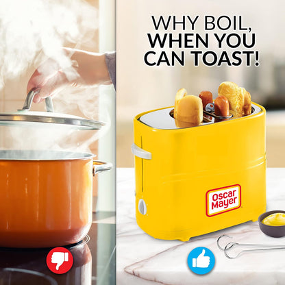 Oscar Mayer 2-Slot Hot Dog & Bun Toaster with Mini Tongs – Works with Hot Dogs, Chicken, Turkey, Veggie Links, Sausages & Brats (Yellow)