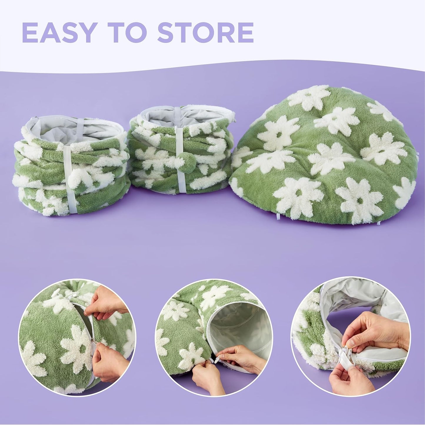 Lesure Large Cat Tunnel Bed – Donut Shaped Peekaboo Cave with Washable Cushion, Indoor Cat Tunnel Toy for Multiple Kittens, Small Dogs & Rabbits, Flower Garden Green