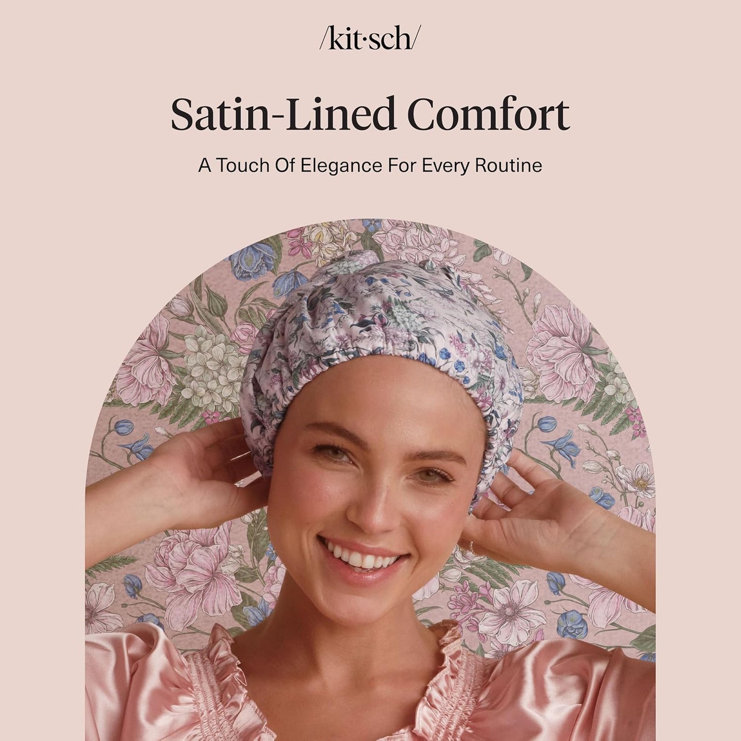 Bridgerton x Kitsch Satin-Lined Flexi Shower Caps for Women Reusable Waterproof